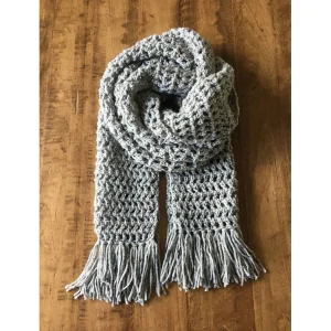 Handwoven Light Gray Crochet Scarf with Fringes