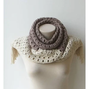 Handwoven Two-Tone Crochet Infinity Scarf with Fringes